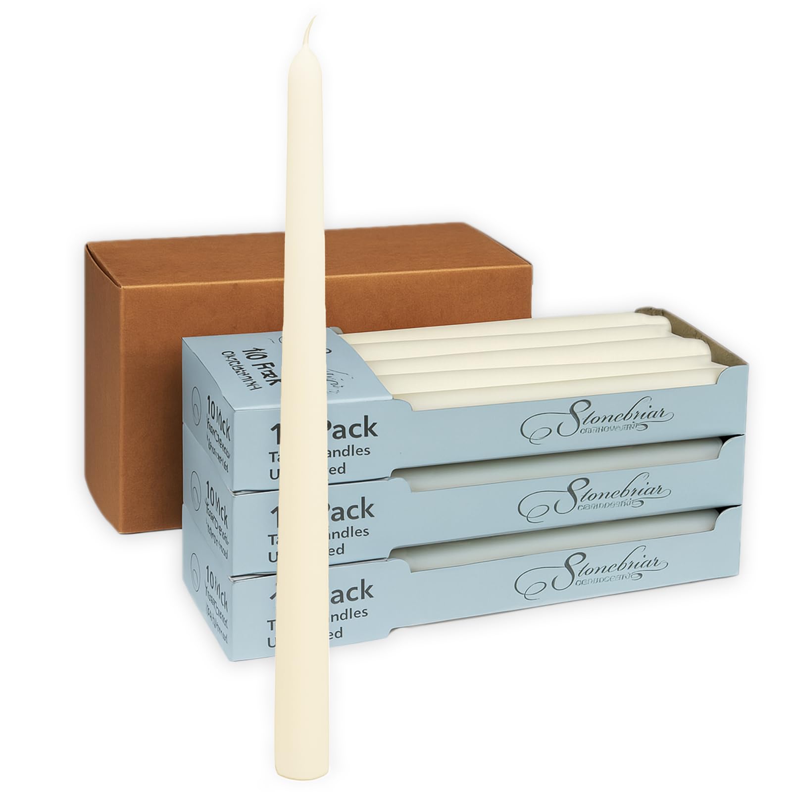 Stonebriar Unscented Taper Candles — 7 Hour Burn Time, Candle Stick Candles for Weddings, Holidays, Home Décor &amp; Special Events, Pack of 30, Ivory, 10"