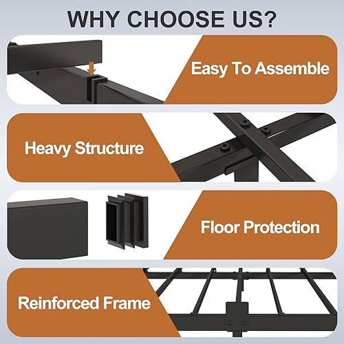 Miniatura 4 de Marco de cama de 6 pulgadas, tamaño Queen de perfil bajo, plataforma de metal, base de cama baja de soporte resistente, marco de cama de perfil