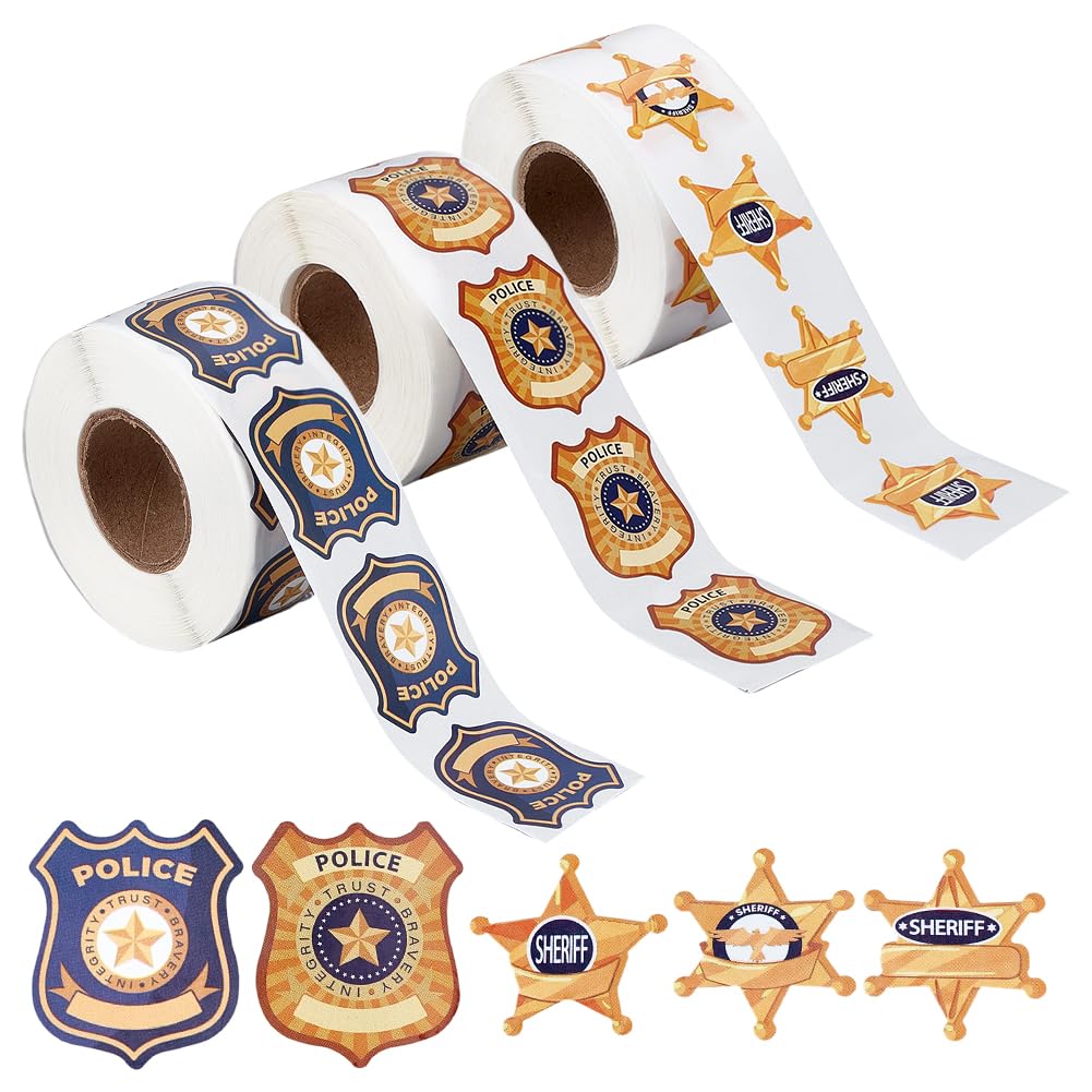 WADORN 1500Pcs 3 Styles Police Badge Sticker, Self Adhesive Police Label Stickers Sheriff Office Paster for Class Reward Waterbottle Scrapbooking Laptop Party Favor Birthday Supplies, 23~26x23~27mm
