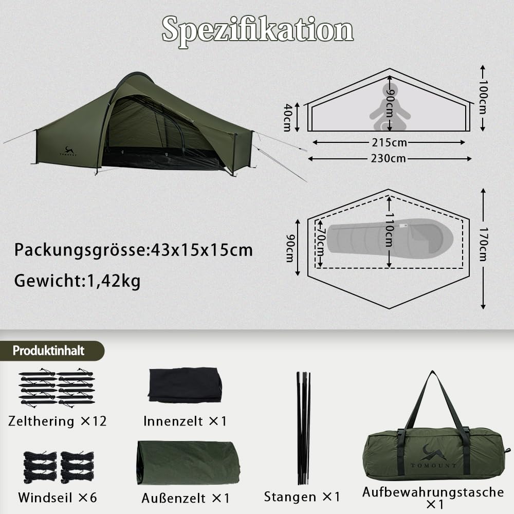 TOMOUNT Bivy Zelt Nylon Ultralight 1 Person wasserdichtes Biwaksack kleines Packmaß Trekkingzelt grün Campingzelt für Outdoor Camping Wandern Reisen und Klettern