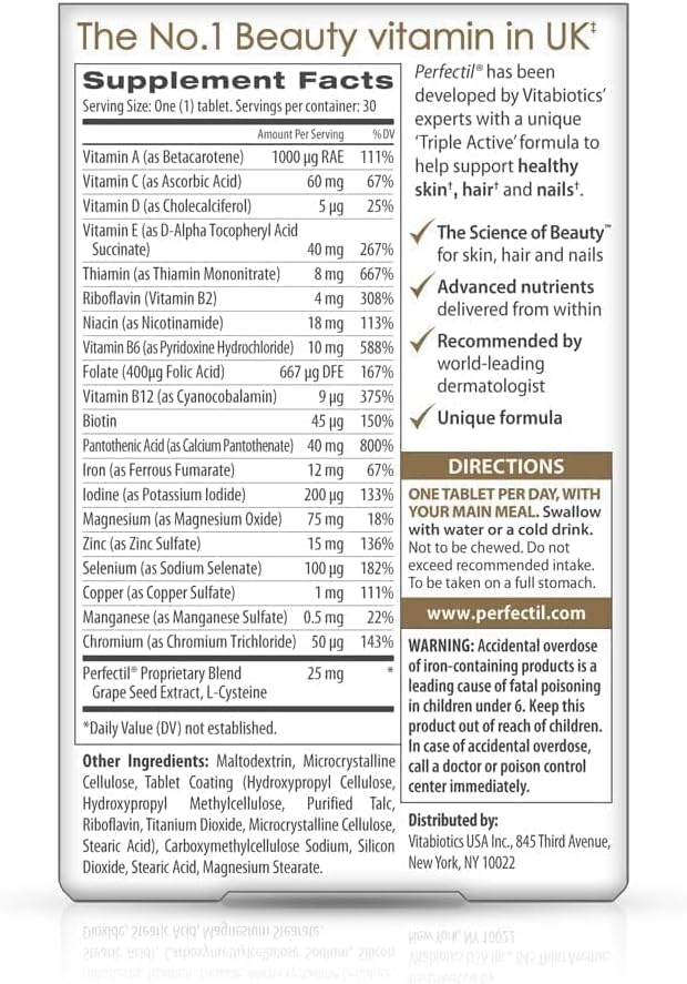 Vitabiotics Perfectil Triple-Active Beauty Multivitamin | Skin, Nail, and Hair Vitamins | Hair Health & Growth, Nail Strength, and Skin Support Formula | Vitamin D, Vitamin E, Collagen, Biotin, and More