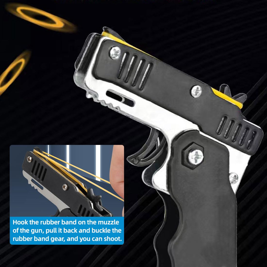Pistolet gumowy – 1 szt. mini pistolet gumowy z metalu, składany, 6 strzałów z breloczkiem do kluczy i 60 gumowymi taśmami, metalowy składany brelok do kluczy do aktywności na świeżym powietrzu