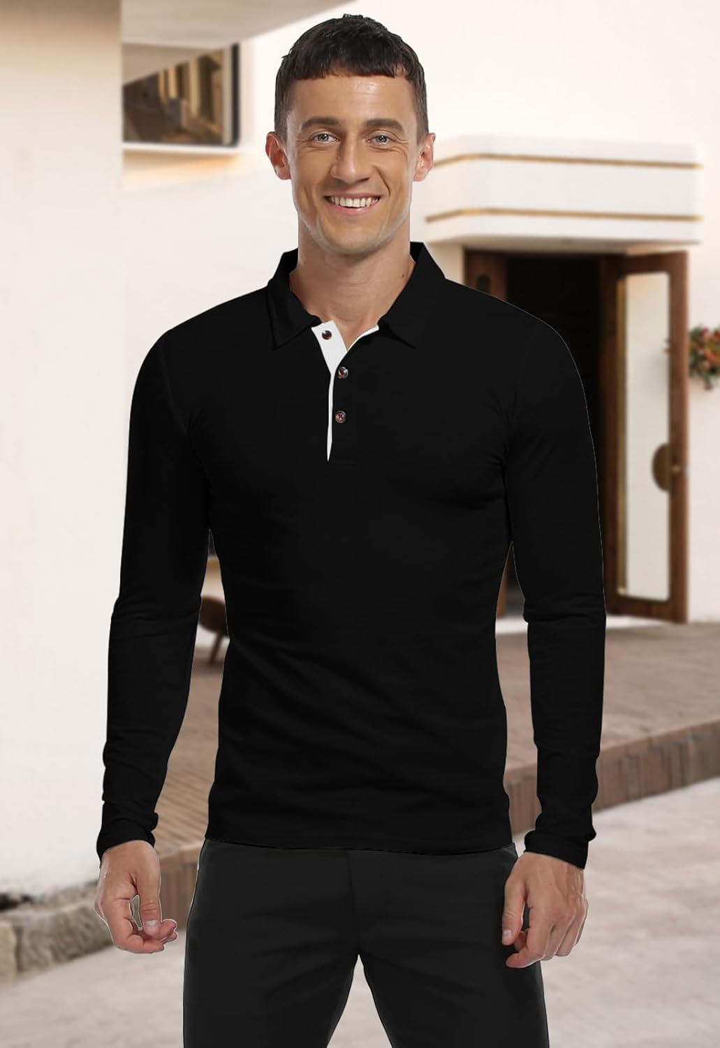KUYIGO Men's Long Sleeve Polo Shirts Casual Slim Fit Basic Designed Cotton Shirt Tops - Image 3