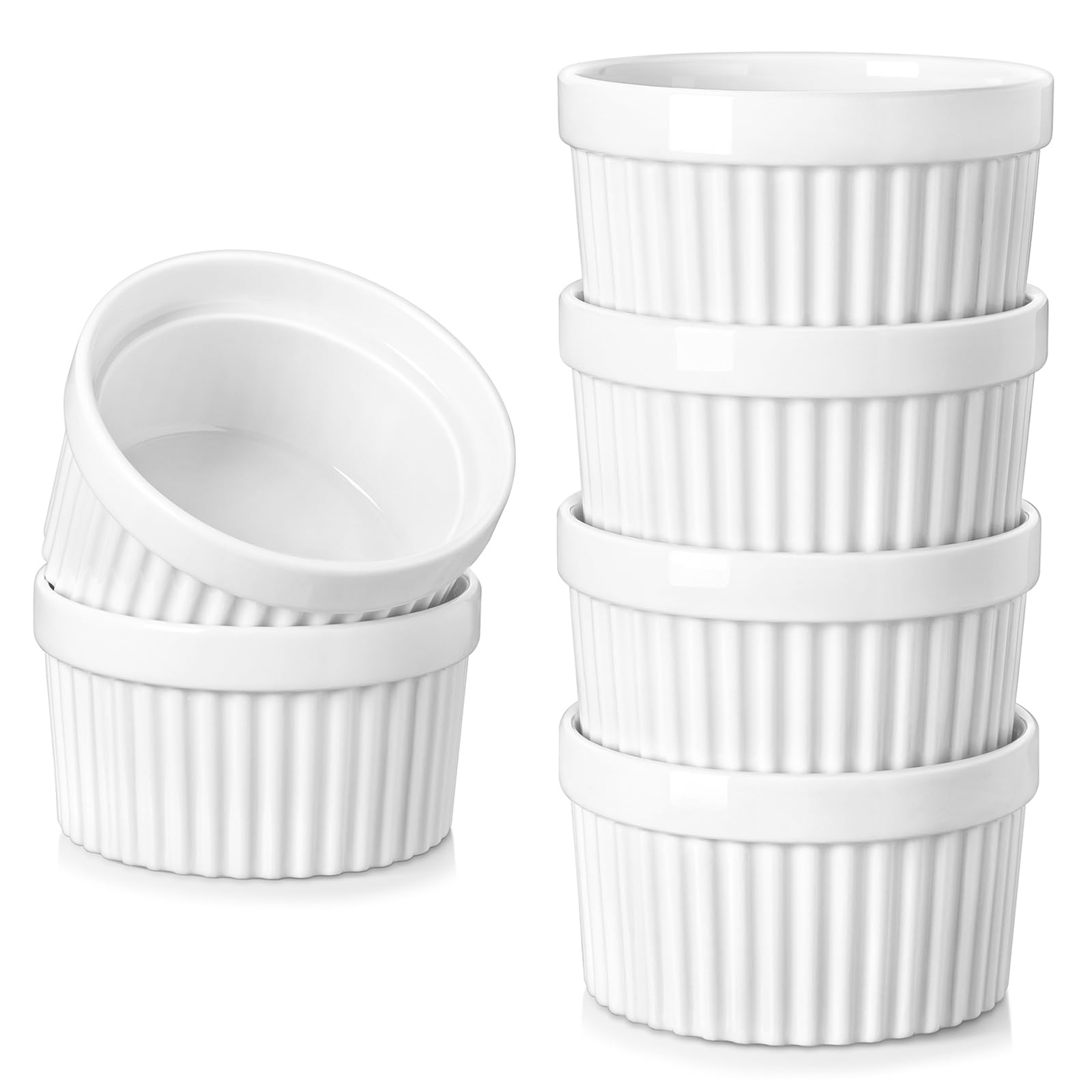 vancasso RAMEKINS 10 Oz Soufflé Förmchen Set von 6, Creme Brulee Schälchen Backofen sicher, Porzellan Soufflés, Kleine Keramik-Schalen, Mini Auflaufformen zum Backen, Weiß