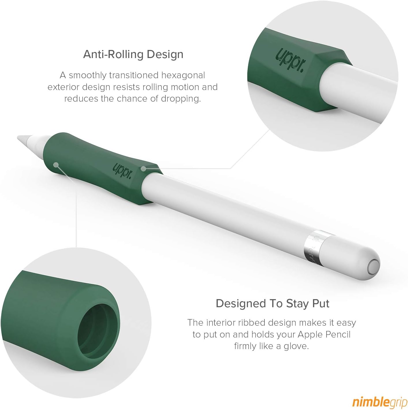 UPPERCASE Designs NimbleGrip Premium Silicone Ergonomic Comfort Grip Holder, Dual Sided Design, Compatible with Apple Pencil Pro, USB-C, 2nd Generation, 1st Generation (1 Pack, Pine Green) image 3
