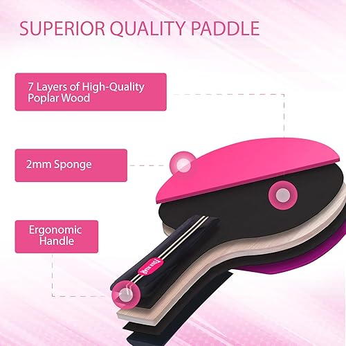 Miniatura 6 de Raqueta de ping pong rosa con 7 capas  Pala de ping pong rosa para jugadores de todos los niveles  Incluye 1 estuche de almacenamiento de paleta