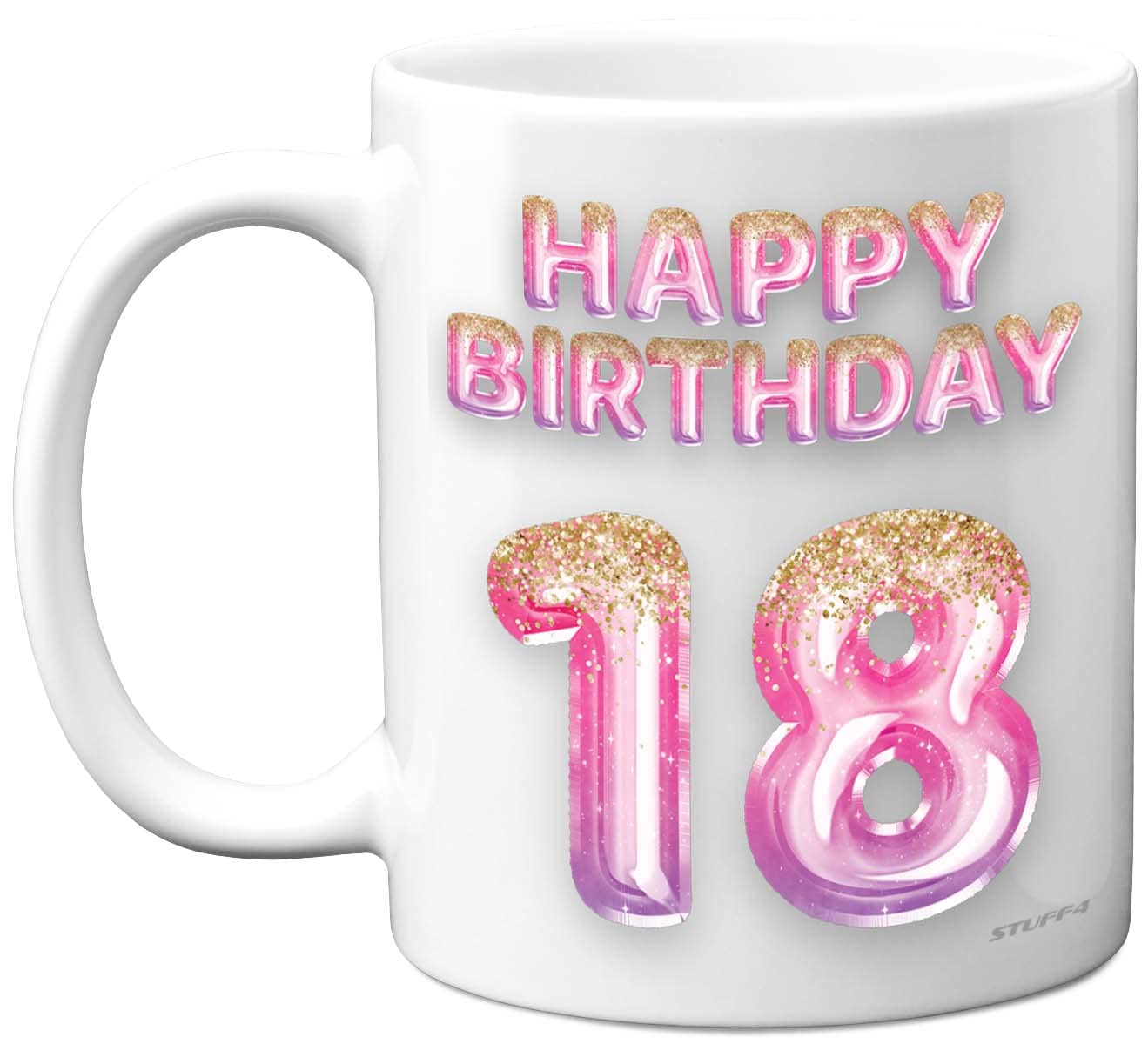 18th Birthday Gift for Women - Pink Purple Glitter Balloons - Happy Birthday Mug Present for 18 Year Old Daughter Sister Granddaughter Cousin Friend, 11oz Ceramic Dishwasher Safe Coffee Mugs Cup