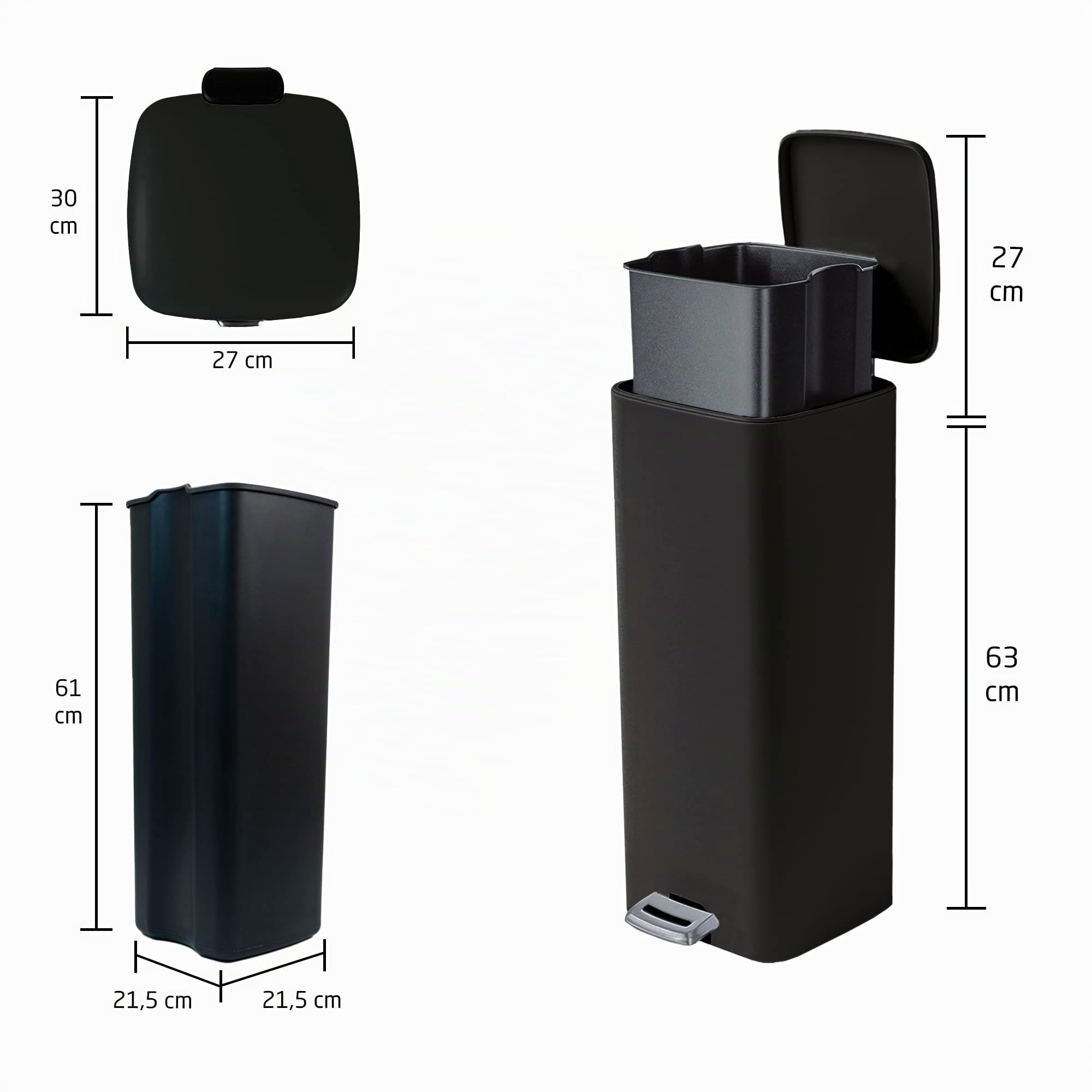 Amig - Poubelle à pédale 30 litres Mod. Artvin - Couleur noire - Ouverture hygiénique sans contact - 27 x 36 x 65 cm - Acier inoxydable laqué - Poubelle de cuisine avec couvercle hermétique