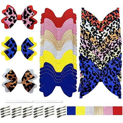AOUXSEEM 24 Set Faux Leather Hair Bows DIY Making Kit with Glitter Leopard Printed Pre Cut Pieces and Hair Clips, Make Fashionable Shiny Hair Clips for Girls Women Cover