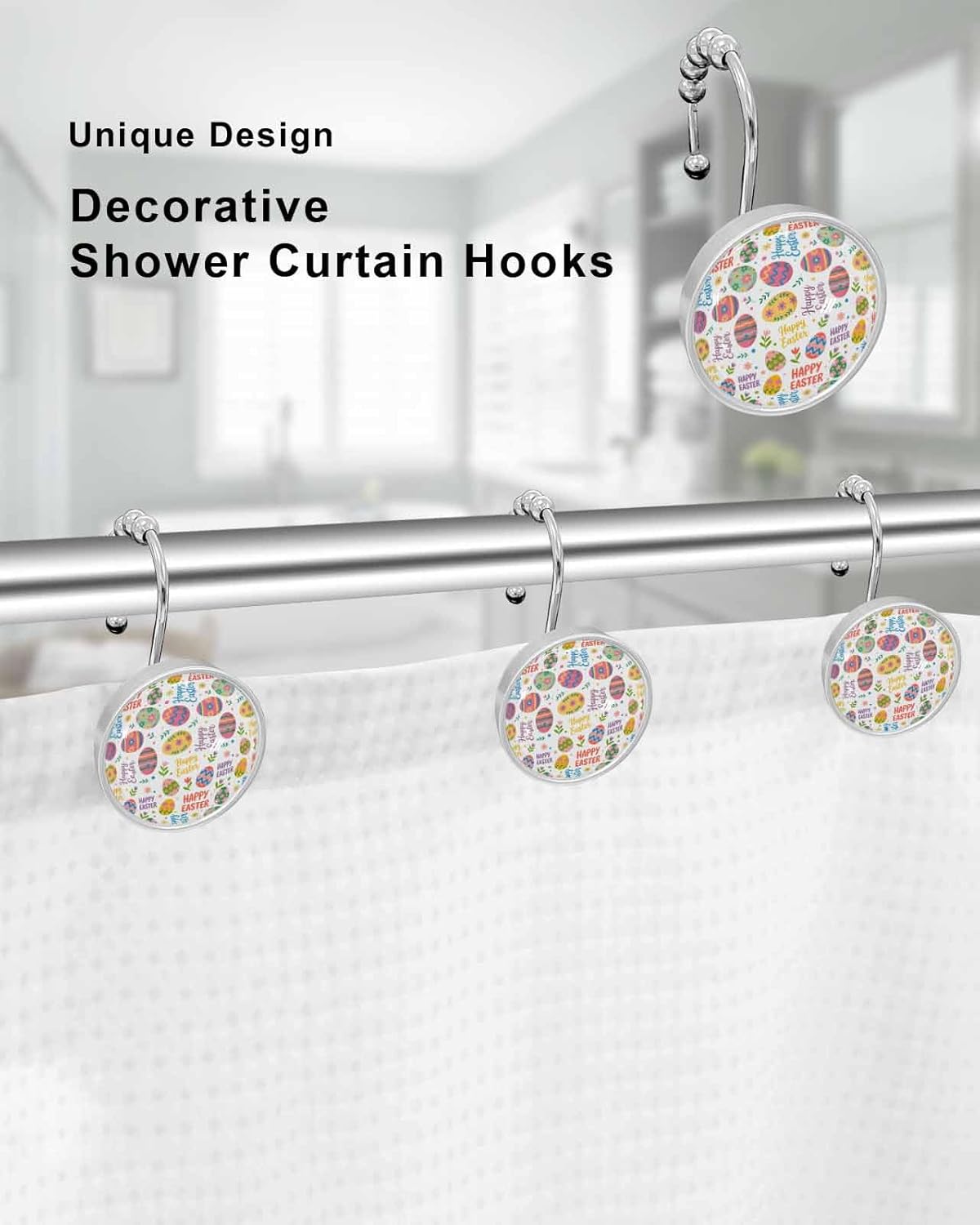Shower Curtain Hooks Set of 12 Easter Colorful Eggs Pattern Crystal Glass Shower Curtain Rings for Bathroom Decorative Stainless Steel Rust Proof Roller Shower Curtain Hangers