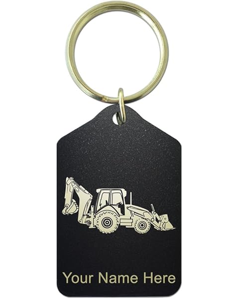 SkunkWerkz Keychain, Backhoe Loader, Personalized Engraving Included (Black Metal)