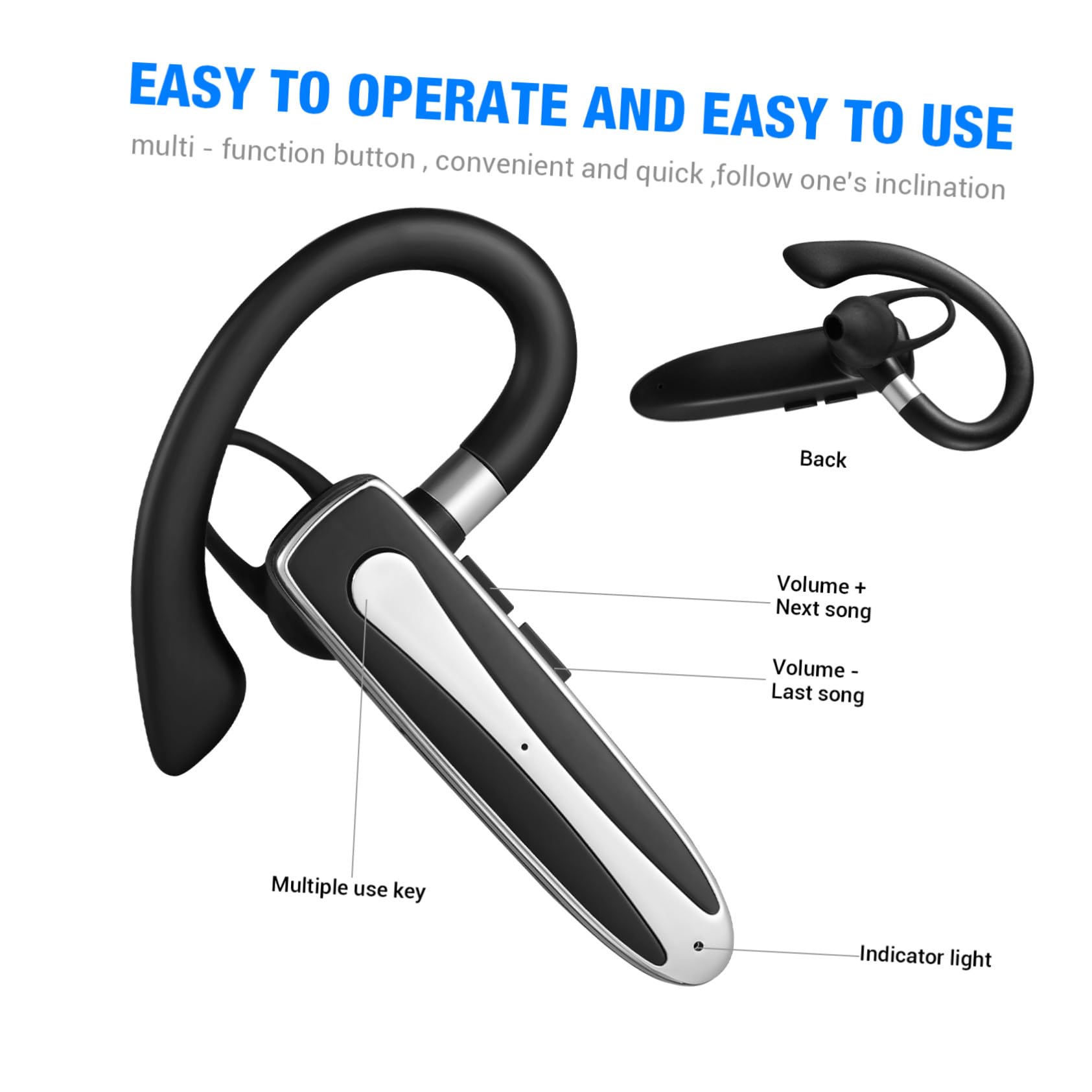 Auricolare Monoauricolare Wireless con Gancio Ergonomico, Cuffie Portatili Intrauricolari Regolabili, Custodia di Ricarica Inclusa per Sport e Chiamate a Mani Libere, Adatto