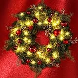 🎄【Corona Decorativa para Navidad】GlobaLink corona navideña tiene 40 LEDs brillantes, 16 agujas de pino, 9 hojas oras, 9 hojas de pino, 22 adornos de bolas de Navidad con purpurina. Su decoración es magnífica tanto en el día como por la noche. Además el abeto de material PE similar al abeto natural y la luz amarilla cálida hacen su casa más bella y romántica.