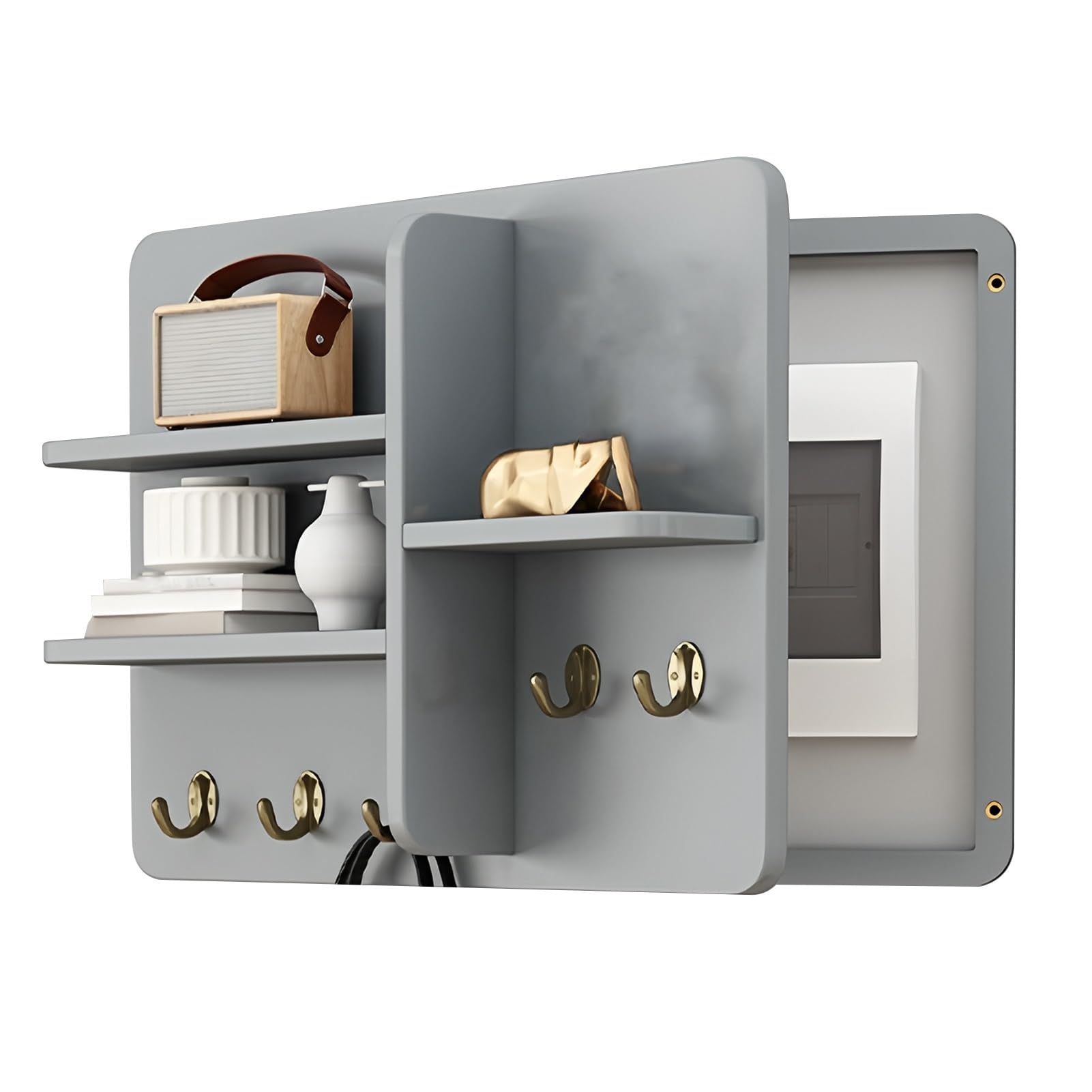 Indoor Fuse Box Cover with Hooks, Solid Wood Electrical Panel Cover and Breaker Box Cover with Shelf for Entrance Corridor, Hide Electrical Panel Non-cracking(Gray,50x40cm/19.68x15.74in)