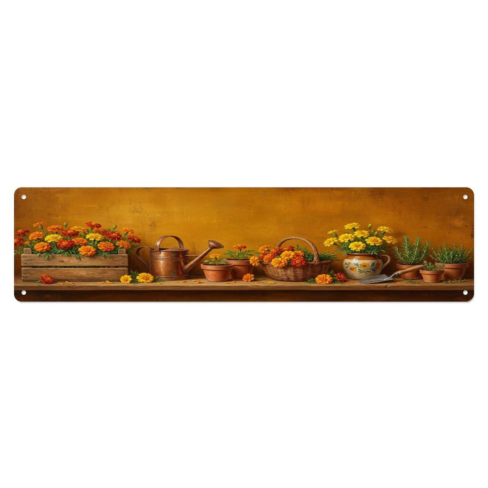 Floral Garden Tools Marigold Crate Pattern Print Metal Tin Sign