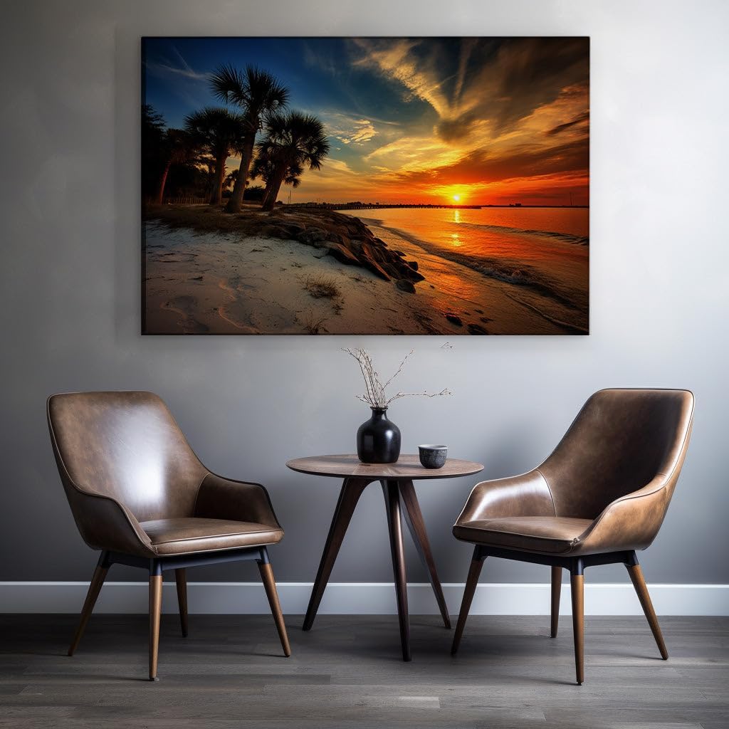 Canvas for Living room. Ethereal Horizons: Capturing the Dreamy Tranquility of a Sunset Beach Oasis, 27 x 18 inch Canvas Wall Art - Contemporary Masterpieces - Modern Home Decor