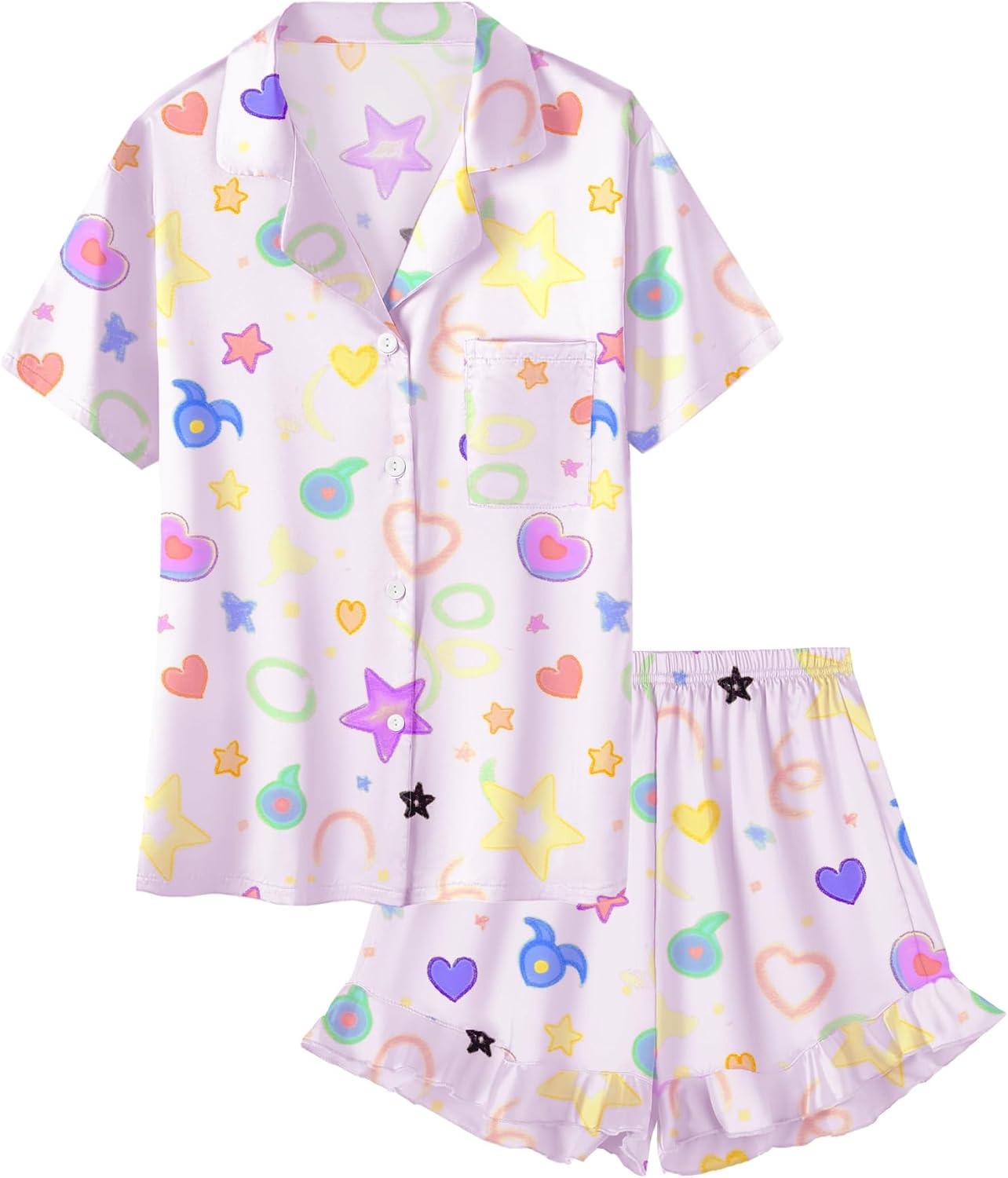 Umeyda Girls & Women Satin Pajamas Set 2 Piece Button Down Pjs Soft Ruffle Sleepwear Loungewear, 5 Years-Women L