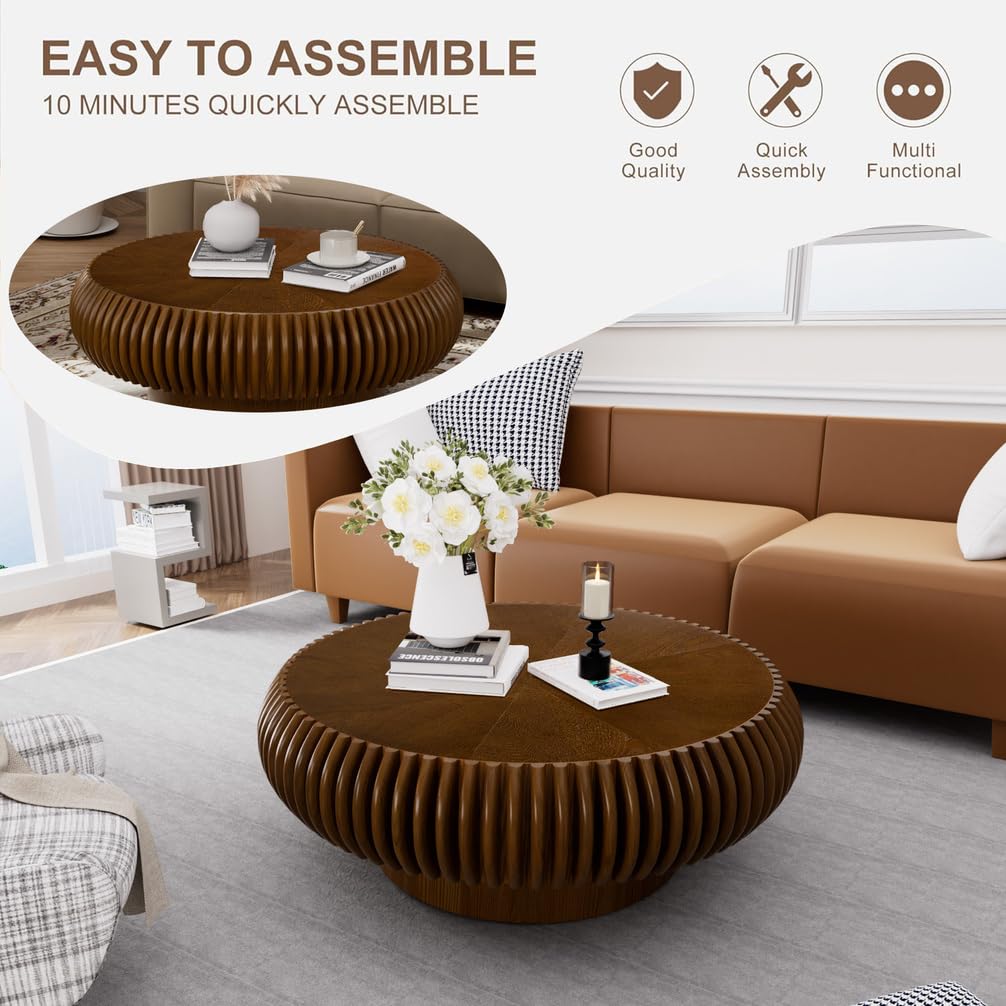 Mesa de Centro Redonda Acanalada con Acento de Tambor, mesas centrales Modernas Minimalistas y contemporáneas de Madera Maciza chapada para Sala de Estar.,C31