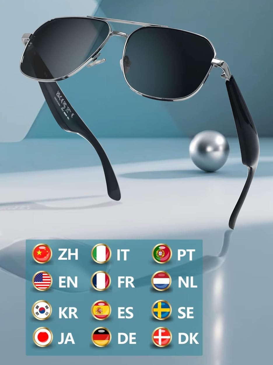 Lunettes Connectées IA, Lunettes Intelligentes IA, Style Aviateur, Unisexe, Appels, Musique, Traduction Vocale, Bluetooth, IP65 Résistant à l'eau, Ultra-Légères 20 g, Marron