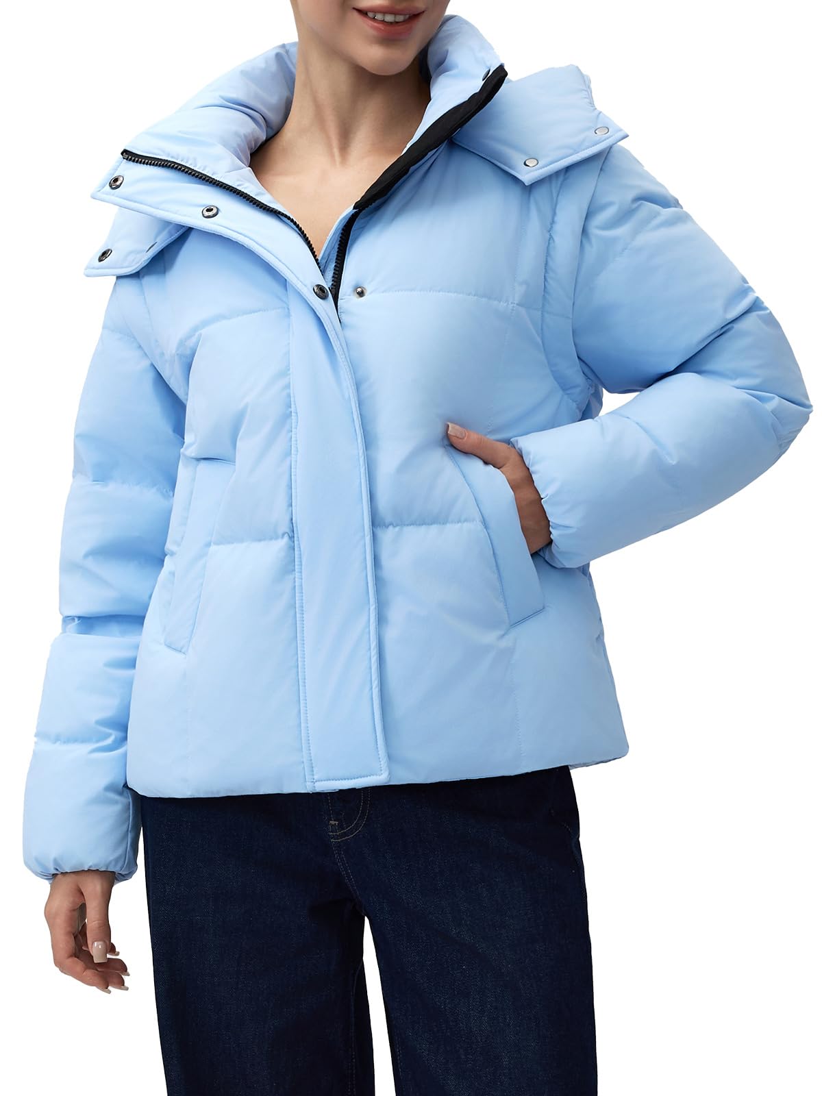 AARYA Women’s Hooded Down Puffer Jacket Convertible Warm Winter Coat | 80% Down, 2-in-1 Convertible Jacket to Vest, Removable Hood Sleeves, 4-Way Stretch, Shape-Retaining, Wind-Resistant, Pockets