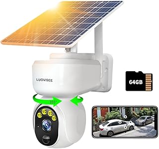 Wireless Solar Outdoor Home Security WiFi Camera PTZ Full Color Night Vision with Audio,PIR Motion Detection Alarm,64G SD Card, Rechargeable Battery,IP65 Weather Proof,Siren,360 View