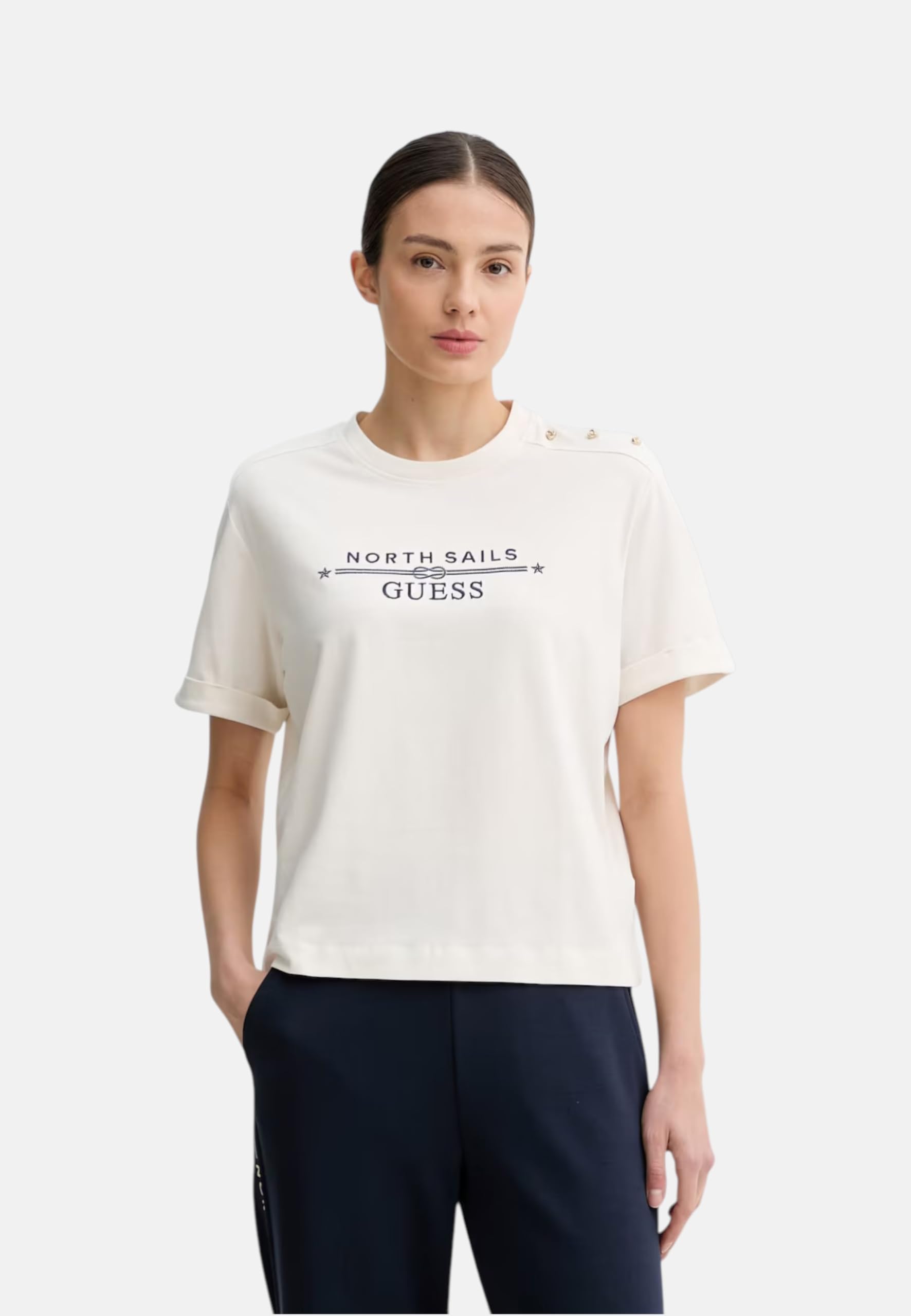 Guess Xns W6GI03K2657 W6GI03K2657 - Camiseta de algodón para mujer, corte regular, cuello redondo, camiseta W6GI03 K2657 G012