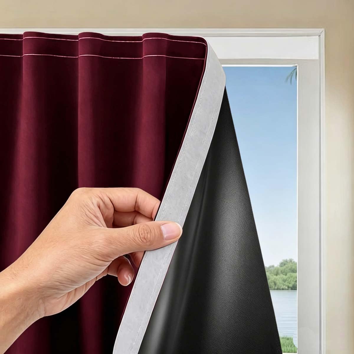 100% Blackout Blind, Self Adhesive Curtains Portable Blackout Blind for Windows Living Room Bedroom Nursery Loft RV Car, Hook & Loop Strip, No Drilling (136W x 200H cm,Wine Red)