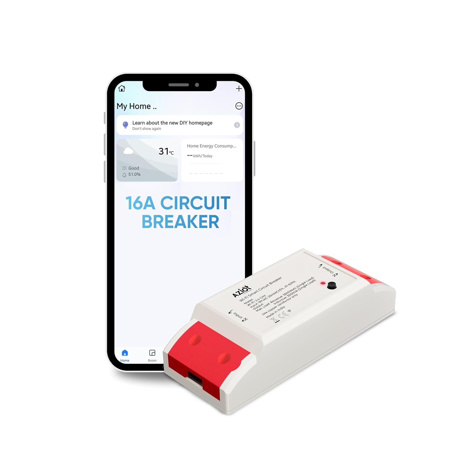 Aziot WiFi + BLE Smart Circuit Breaker – 16Amp, Compatible with Alexa & Google Assistant, Easy Installation, Made in India
