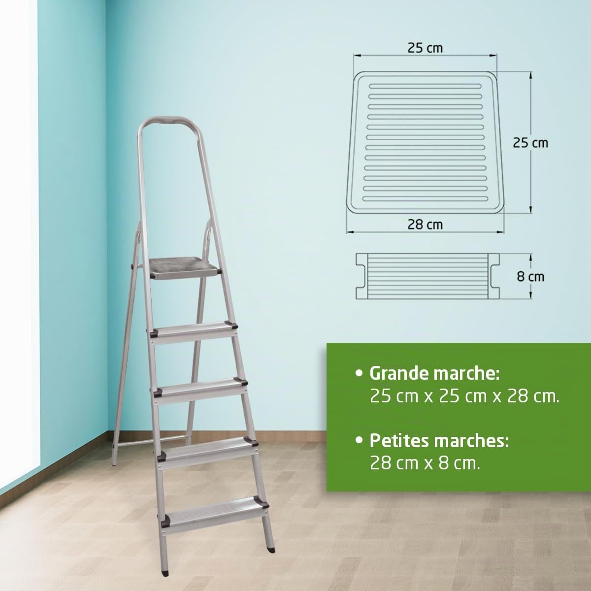 Amig - Amig - Échelle Pliable 5 marches de 8 cm de Largeur - Escabeau Antidérapant avec Poignée - Légère, Stable et Résistante - Parfaite pour Les Tâches Domestiques et l'Usage Professionnel