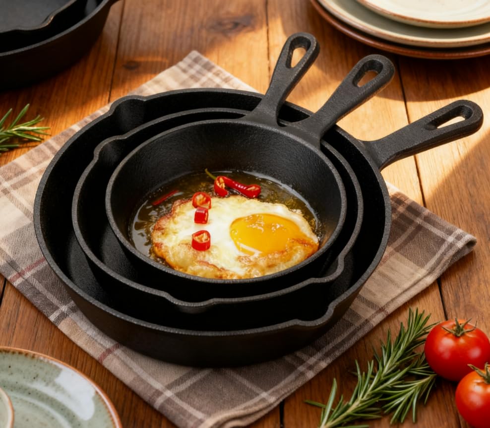 Image of Cast Iron Non-Stick Skillets, 3 Packs, 6 Inch, 8 Inch, 10 Inch, Black