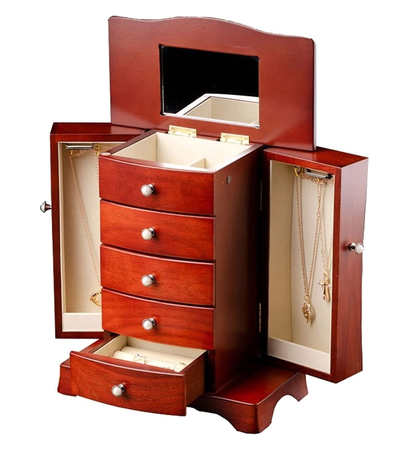 TIANQIHAO Jewelry Box Wooden Jewelry Box For Women Jewelry Box With 5 Drawers Organizer And 2 Separated Open Doors On 2 Sides And Large Mirror Jewellry Holder
