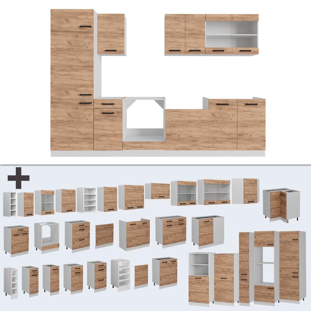 Vicco Küchenzeile R-Line, Goldkraft Eiche/Weiß, 300 cm | AP Eiche, zur individuellen Anordnung und Erweiterung der Module geeignet