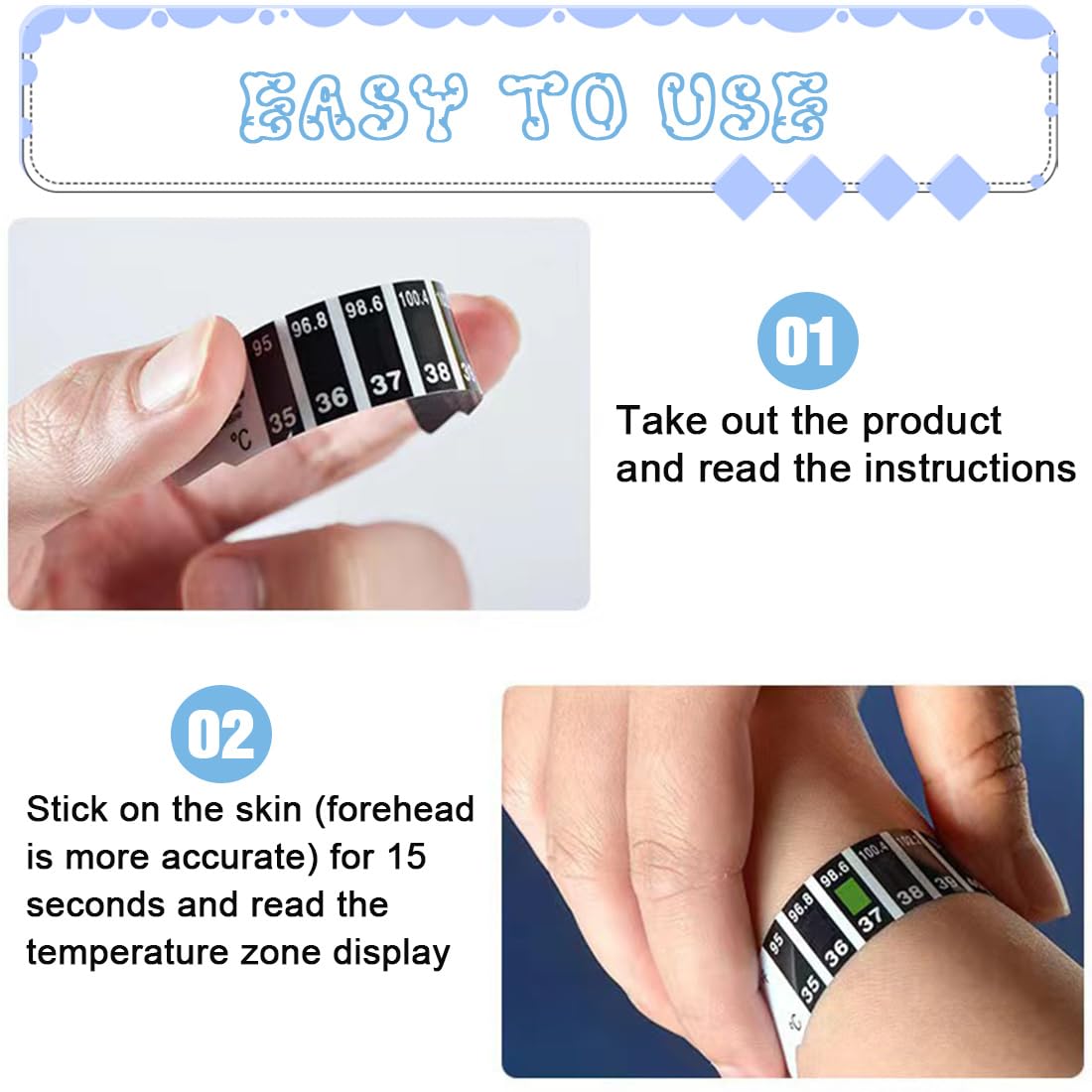 20 Pièces Bandes de Thermomètre Frontal Fiable, Autocollant Portable Réutilisable pour Vérifier la Température de Bébé, Adulte, Thermomètres de Voyage pour sac à Main