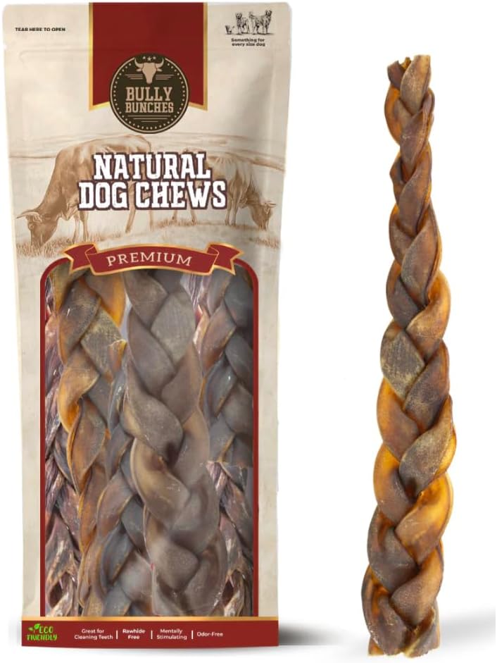Bully Bunches All Natural 12" Braided Collagen Bully Sticks - Odour Free, Rawhide Free, Chemical Free - Safe, Long Lasting Thick Beef Dog Chews - Fully Digestible Treat for Small and Medium Dogs, 4 Pk