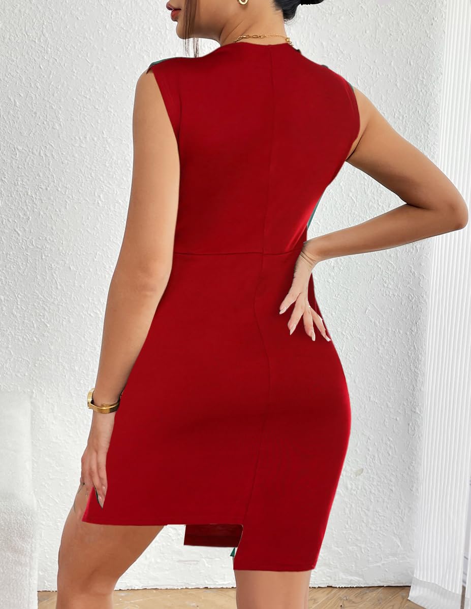 Rayson Vestito Donna Elegante Cerimonia Curvy Miniabito Senza Maniche Abito Sexy Vintage Mini Abito con Scollo a U Irregolare Vestito Donna