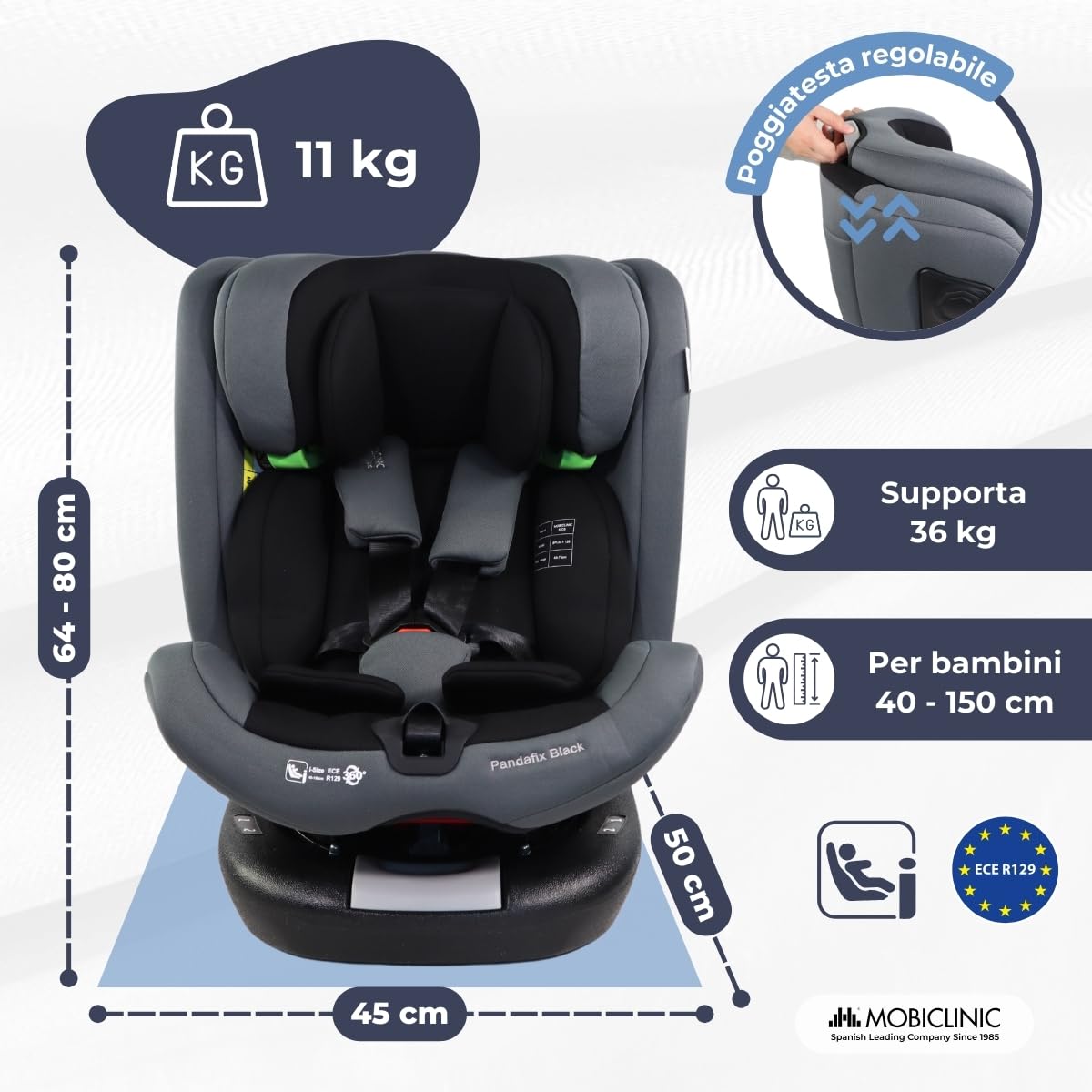 Mobiclinic®, Seggiolino Auto, ISOFIX, Girevole 360º, I-Size ECE R129, Top Tether, Gruppo 0/1/2/3, Convertibile, 0 a 36kg, Cintura 5 punti, 0 a 12 Anni, Regolabile, Reclinabile in 3 Posizioni, Pandafix