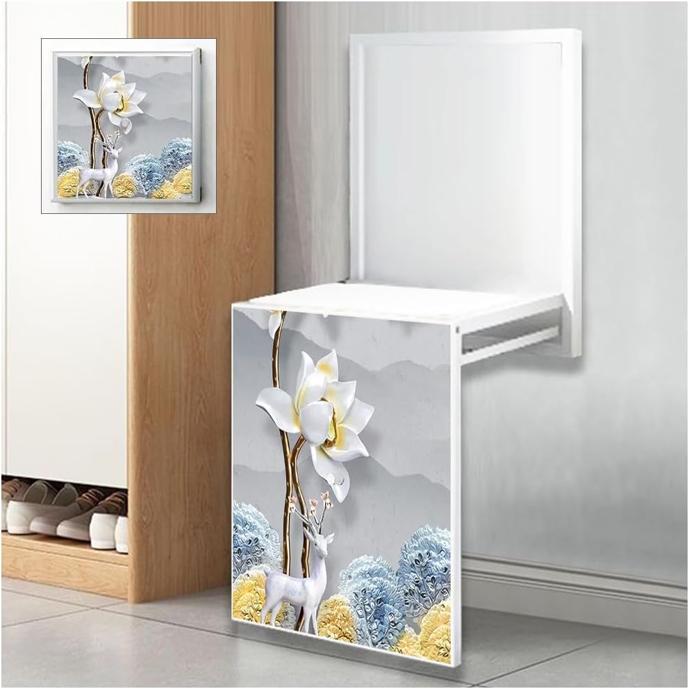 WAYUTO Wall Mounted Shoe Changing Stool with Seating Cushion Foldable Wall Seat Wall Picture Frame Bathroom Shower Seat for Home Decor Deer