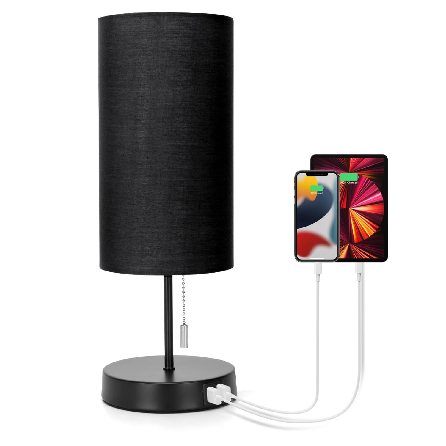 Aigostar Lampara de Mesa con 2 Puertos de Carga USB, Lamparas de Mesita de Noche con Interruptor de Tracción, Base de Metal, Lámpara Escritorio Vintage para Sala de Estar, Dormitorio, Oficina - Negro