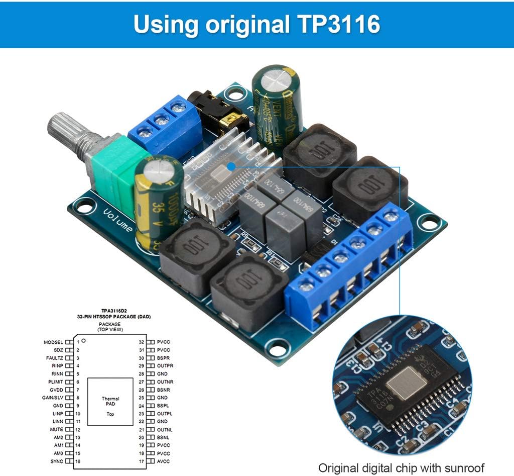 2Pcs Digital Amplifier Board,TPA3116D2 Dual Channel Audio Stereo AMP High Power Digital Subwoofer Power Amplifier Board 2x50W 5V 12V 24V for Store Solicitation Home Theater Square DIY Speakers