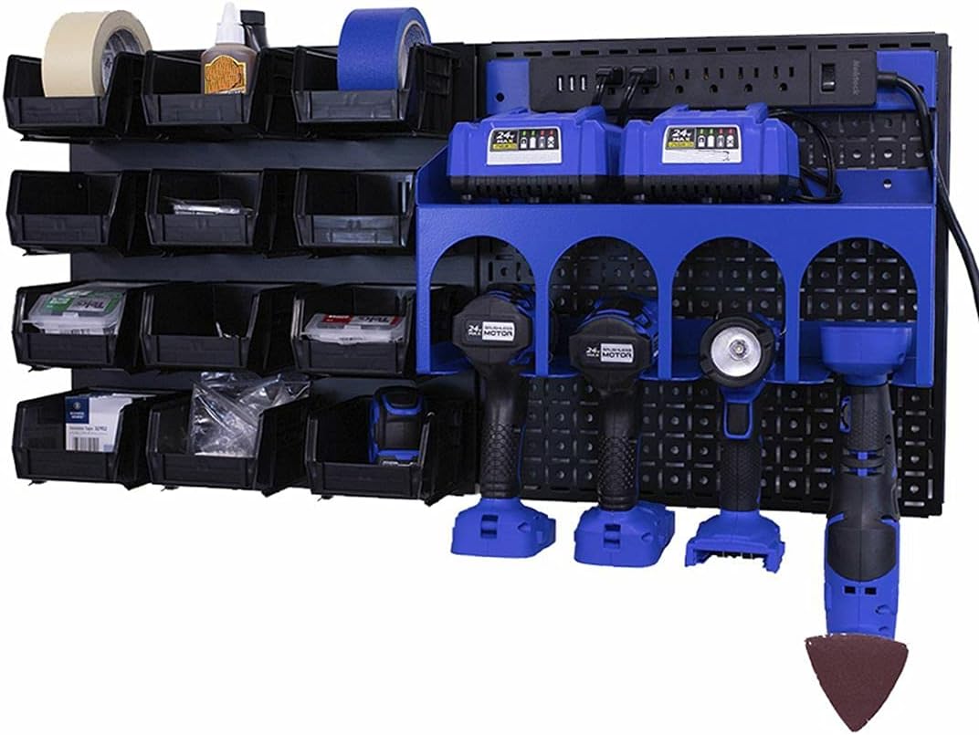 OmniWall PowerStation- 32"x16" Metal Pegboard Wall Storage With Bin Storage For Cordless Drills Blue/Blue