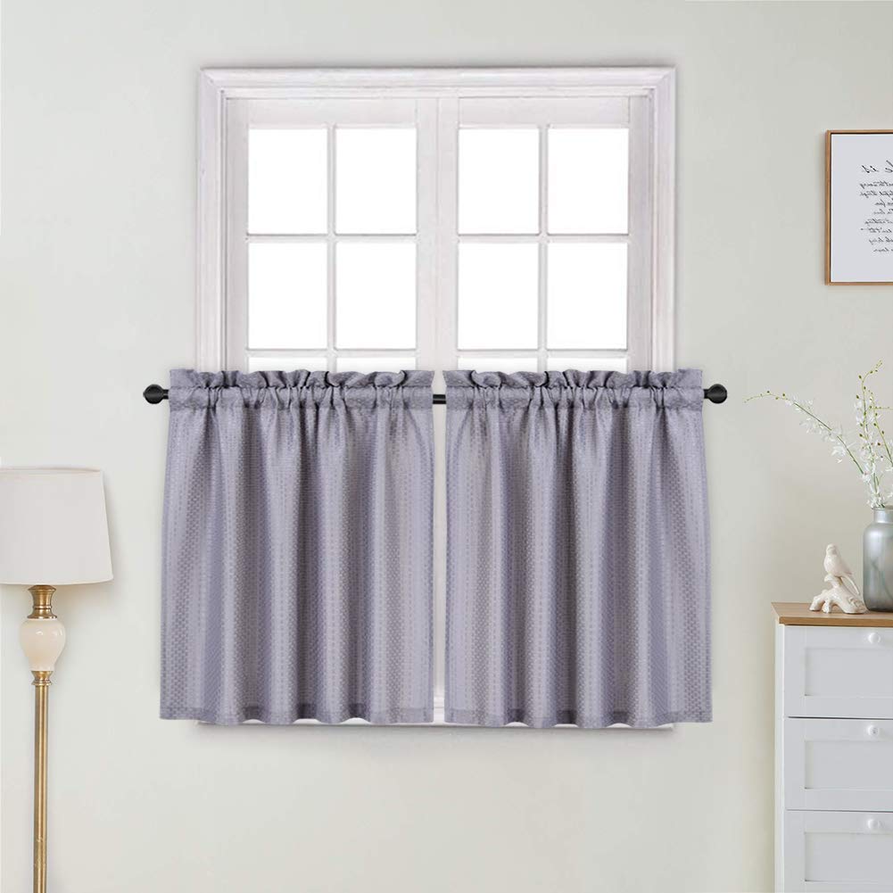LinTimes 24 Inch Waffle Weave Textured Tier Curtains Grey,Short Curtains Half Window Curtains Tier Curtains for Kitchen, Bathroom, Living Room (30"*24", Grey, Set of 2)
