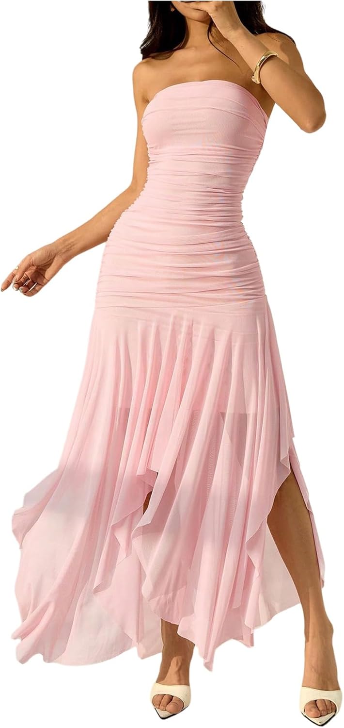 Milumia Women's Summer Maxi Tube Dress Strapless Asymmetrical Hem Long Going Out Casual Elegant Party Dresses