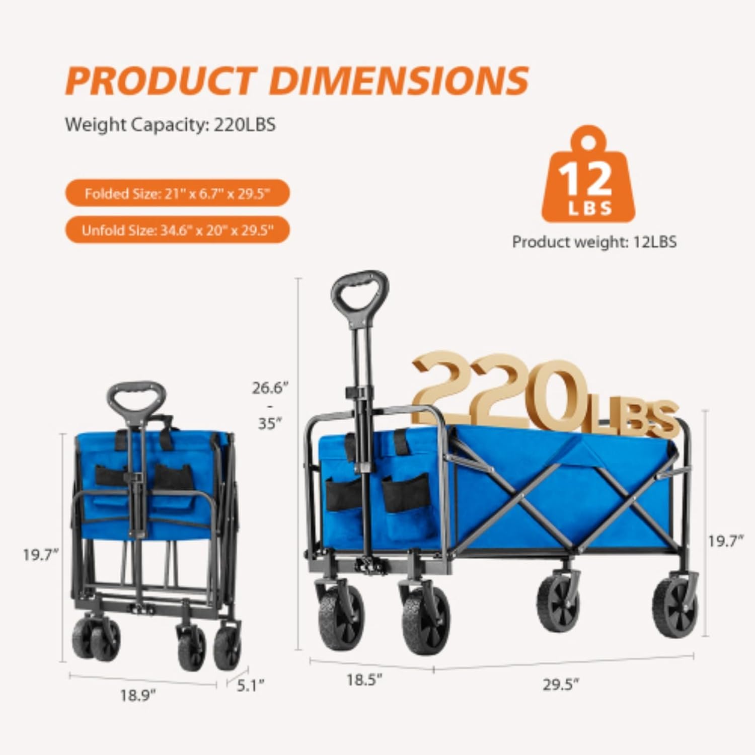 Outdoor Trolley, Shopping Cart, Garden Cart, Portable Beach Cart, Foldable Camping, Folding Four-Wheel Cart, Suitable for Garden Camping, Fishing and Shopping