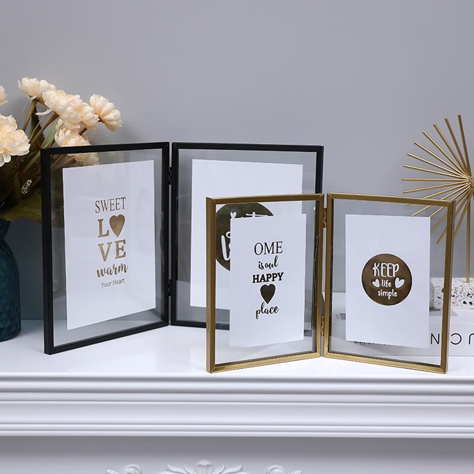 Fotorahmen 15X20, Picture Frame Gold Rechteck Doppelte Öffnungsfaltung Eisen Glas Vertikal für Tischplatte Schlafzimmer Dekoration
