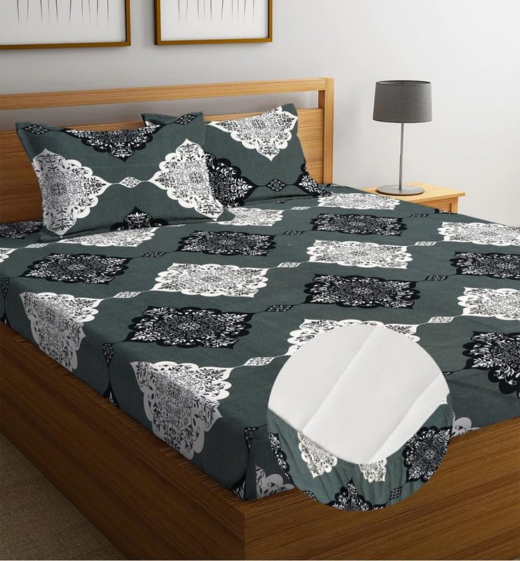 Image of la'amour Cotton Elastic Fitted Bedsheets with 2 King Size Pillow Covers Double Bed with All Around Elastic Supersoft Size - 72 King Sizex78+10 inches Color - White Grey