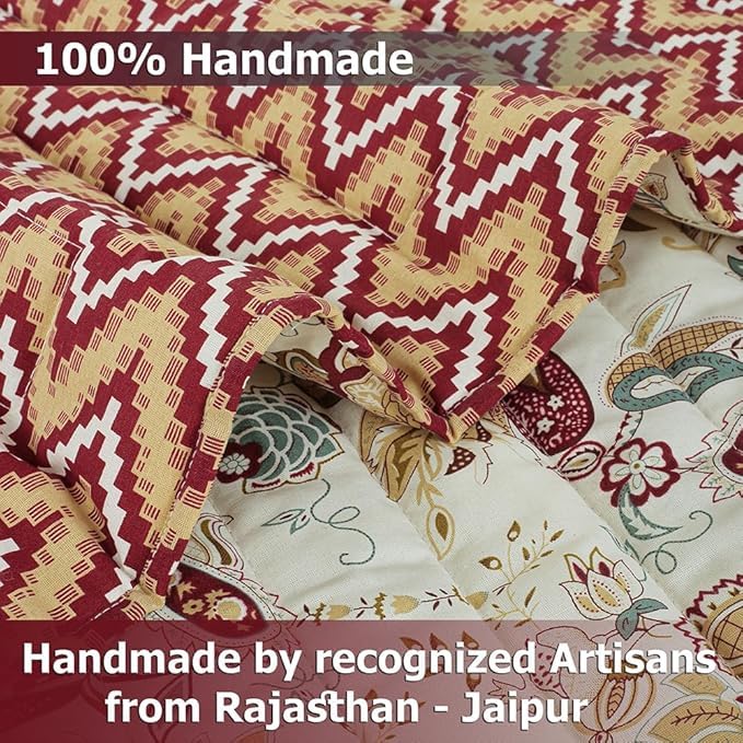 Image of SANMARINO Jaipuri Razai Single Bed Reversible Cotton Quilt | Traditional Ethnic Floral Print Dohar | Lightweight AC Comforter with Pure Cotton Filling | All-Season Blanket (Deep Maroon)