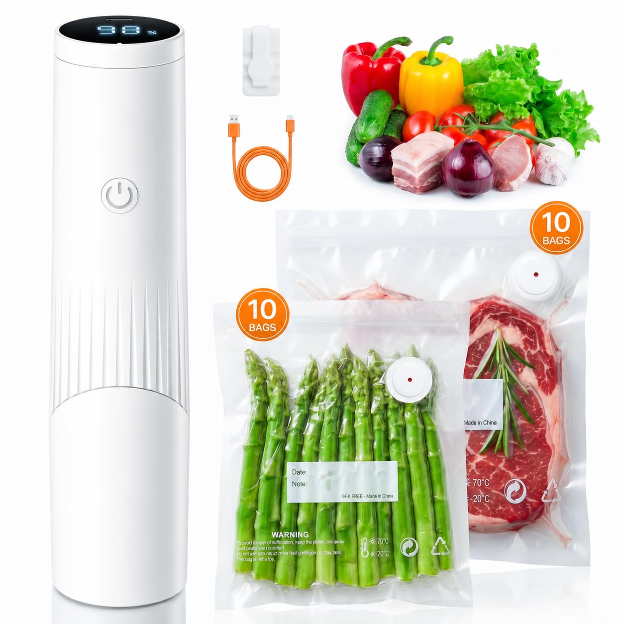 Compact Vacuum Sealer for Food (Vacuum Sealer Machine + 20 Reusable Vacuum Bags) Powerful Handheld Vacuum Sealers with LED Display, Seal Meal Saver, Portable Food Sealer