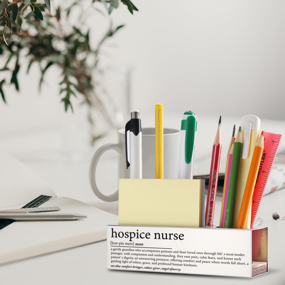 THRXOBN Elegante accesorio de escritorio para enfermeras de hospicio, regalo de agradecimiento para cuidadores compasivos, decoración de oficina con cita motivacional, soporte para bolígrafo de acero
