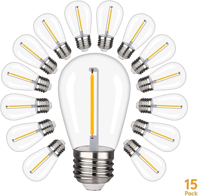 Kunzite Shatterproof & Waterproof S14 Replacement LED Light Bulbs 1W Equivalent to 10W, White Warm 2200K Outdoor String Lights Vintage LED Bulbs, E27 Base Edison LED Light Bulbs (S14-1W-15pack)