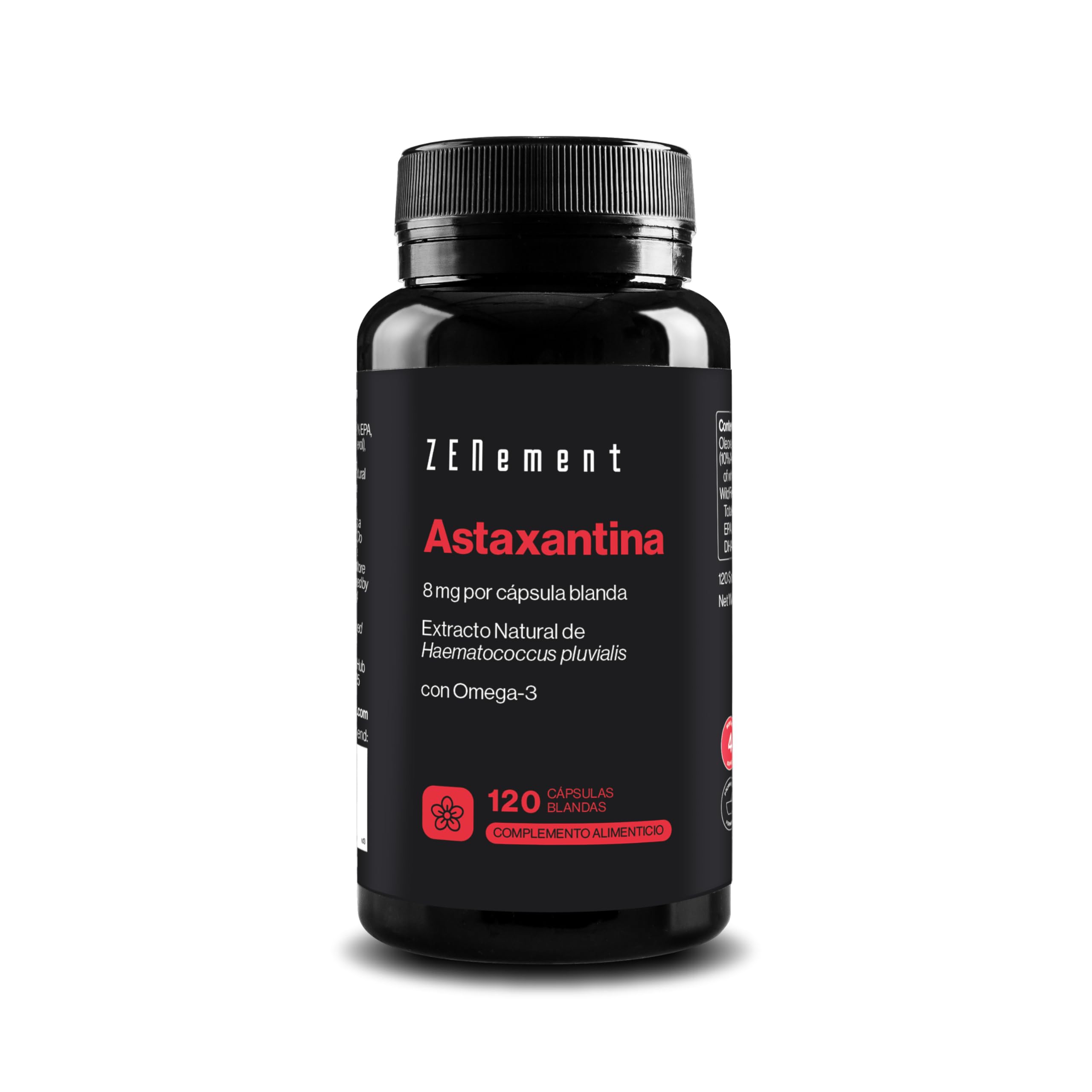 Astaxantina Natural Pura 8 mg de Haematococcus pluvialis - con Omega 3 para una Mejor Absorción - 10% de Astaxantina Pura - 120 Cápsulas Blandas - Zenement